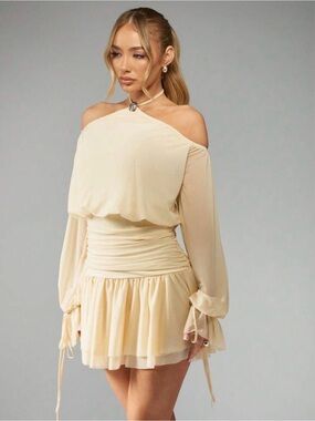 Missguided Cream Off-Shoulder Long Sleeve Mini Dress